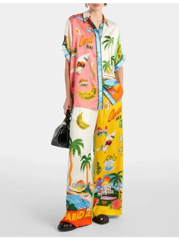 Resort-Print Wide Leg 2 piece set camp style shirt - Multicolor - Image 9