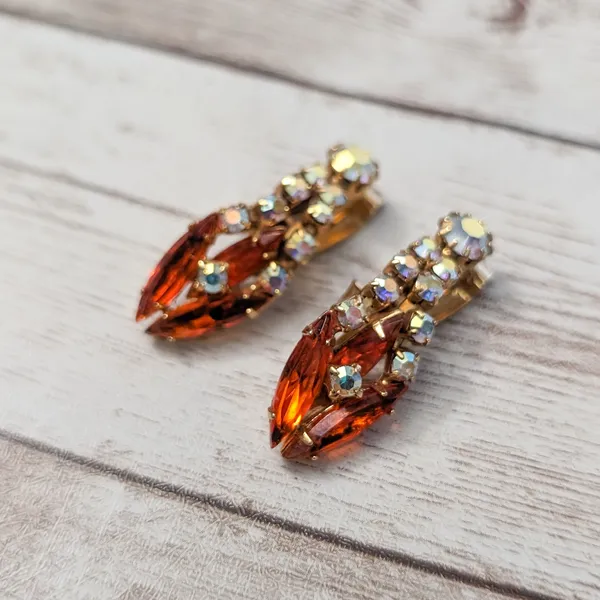 Vintage Clip On Earrings - Unusual Statement Orange & Iridescent Gems - Image 3