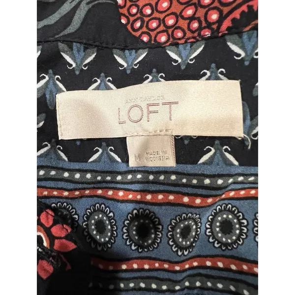 ANN TAYLOR LOFT WOMENS BOHO BLOUSE Navy FLORAL LONG SLEEVE Round Neck Medium - Image 6