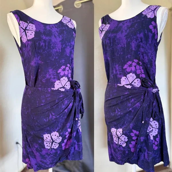 Young Fashion Purple‎ Floral Batik Sarong Mini Dress Womens Small Handmade Rayon - Image 3