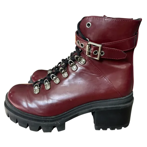 Jeffrey‎ Campbell Czech Combat Boots Sz 8.5 Burgundy Red Patent Faux Leather - Image 3