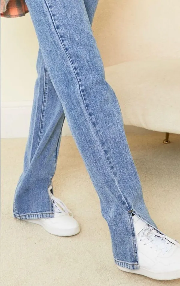 PrettyLittleThing Ripped Waistband High Waist Split Hem Jeans, Size 2 Tall, NWOT - Image 4
