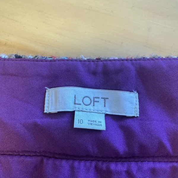 Loft Multi Color Tweed Plaid Mini Skirt Gold Button Front Size 10 Purple Red - Image 5