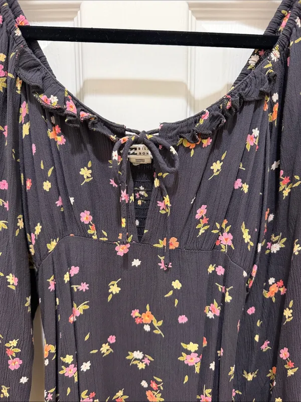 Billabong Black Floral Tie-Front Long Sleeve Boho Peasant Style Midi Dress XS - Image 6