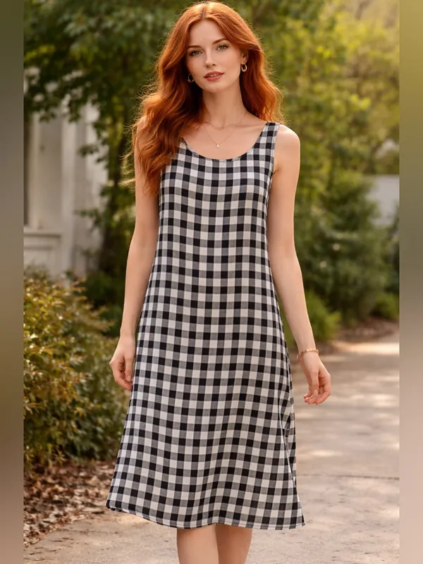 Vintage Black White Gingham Plaid Midi Length Large Tank Dress Summer Coquette - Image 2