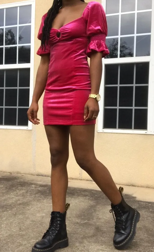 Magenta Velvet O-Ring Mini Dress - Image 2