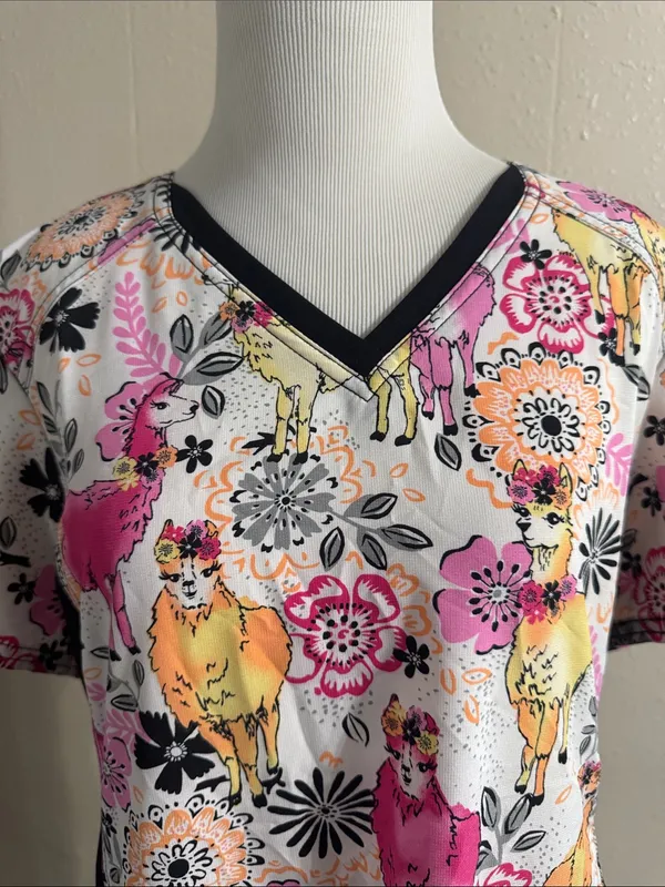 Cherokee V-Neck Scrub Top in Pink, Yellow & Black Floral llama Print - Image 2
