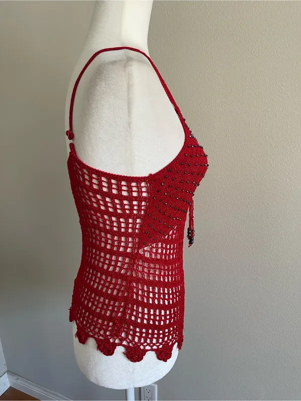 Red Crochet Beaded Cami Tank Top Size M - Image 3