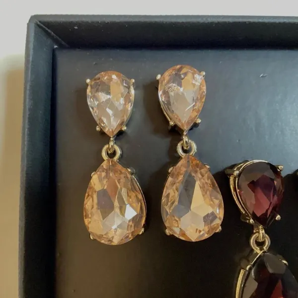 Crystal Drop Earrings, 2 pairs Gold - Image 3