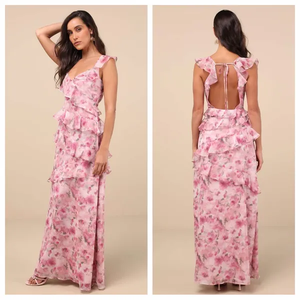 Lulus Evangeline Pink Floral Ruffled Maxi Dress - Image 2