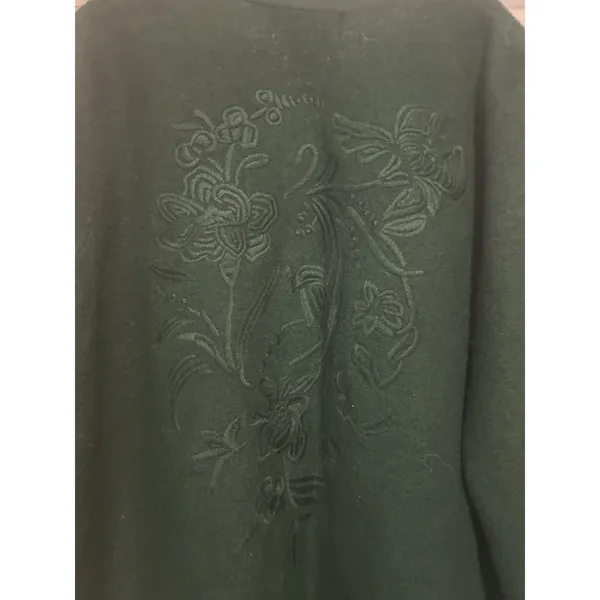 Women's Open Knit Long Cardigan Sweater Embroidered Size Medium Dark Green Wool - Image 5