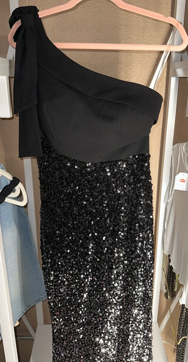 Boutique One shoulder bow tie black formal sequin prom dress - Image 2