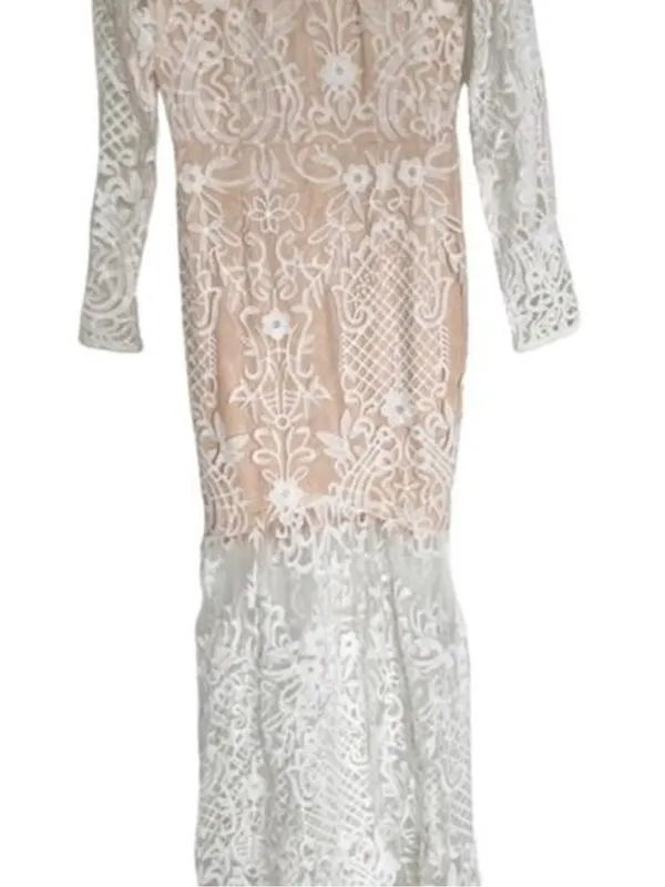 Elegant Ivory White & Nude Embroidered Lace Bohemian Dress With Rhinestone Belt - Image 7