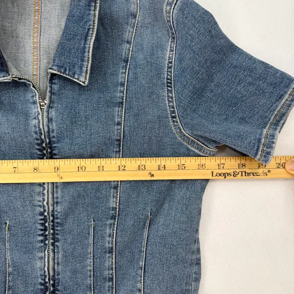 FP We The Free Jayde Flare Denim Jumpsuit Blue Zip Front Retro Romper Size L - Image 10