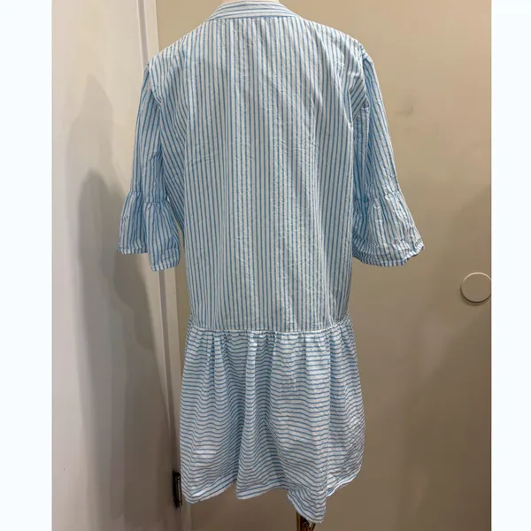 Addison Bay Blue White Striped Tiered Mini Sun Shirt Dress Cotton Poplin Medium - Image 3