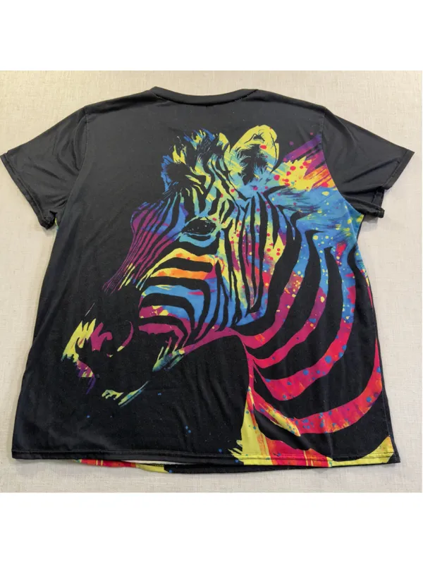 Unisex Colorful Rainbow Paint Splatter Zebra Graphic T-Shirt All Over Print XL T - Image 4