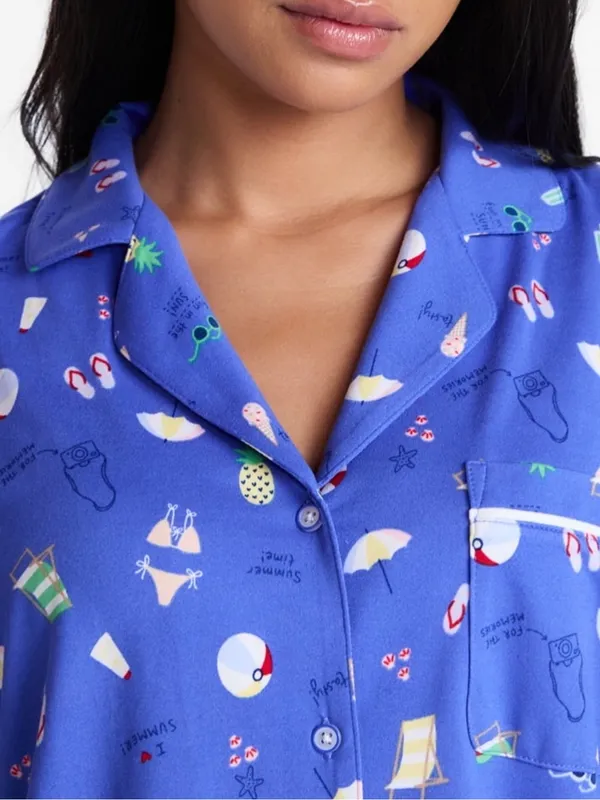 Blue Women's Short-Sleeve Pajama Top and Shorts Set with Summer Time Print - Image 4