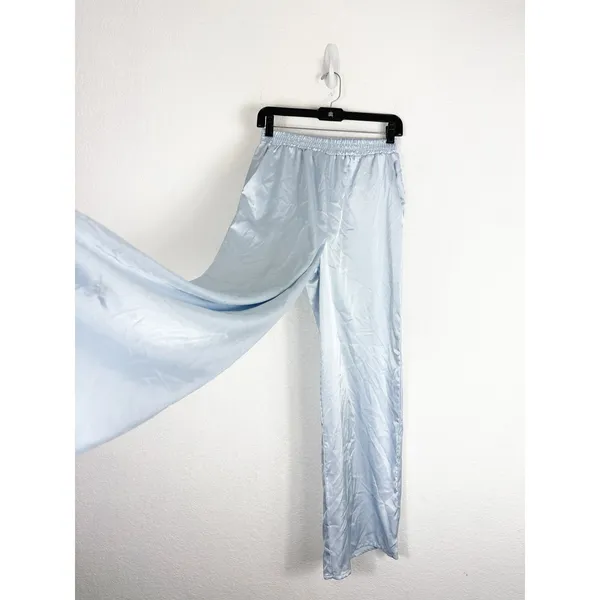 Urban Renewal Remnants Satin Puddle Pants Medium Baby Blue Stretch Wide Leg - Image 12