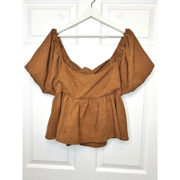 Aurelia‎ Parks Francesca's Peplum Top XL Brown Puff Sleeve Tie Back - Image 2