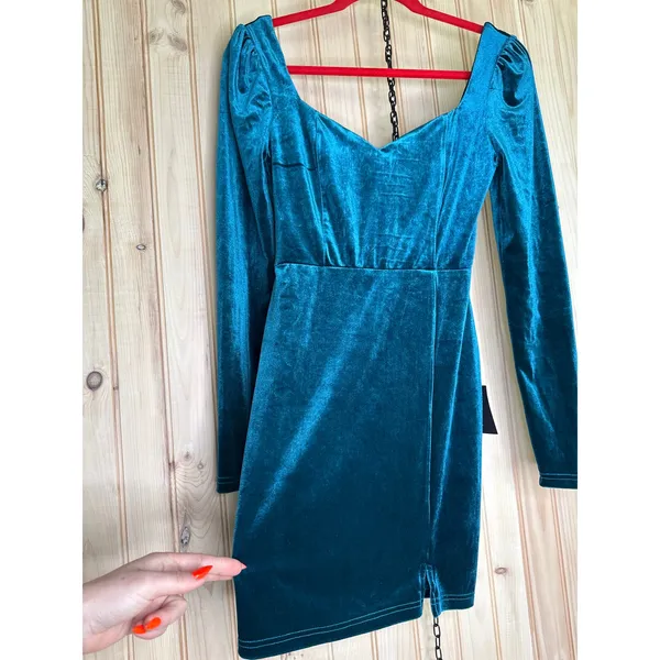 NWT Lulus Fabulous Mood Dark Teal Velvet Long Sleeve Bodycon Mini Dress Party XS - Image 4