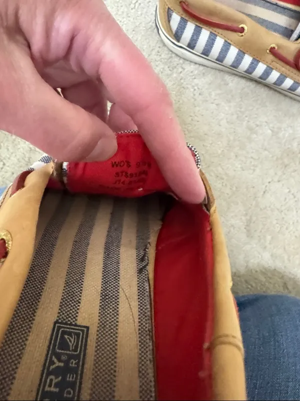 Sperry Navy & White Striped Canvas Boat Shoes with Tan Trim and Red Laces - Image 5