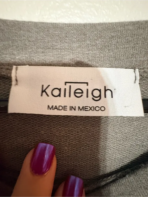 Kaileigh Gray Crewneck Top with Purple Accent Nails - Image 2