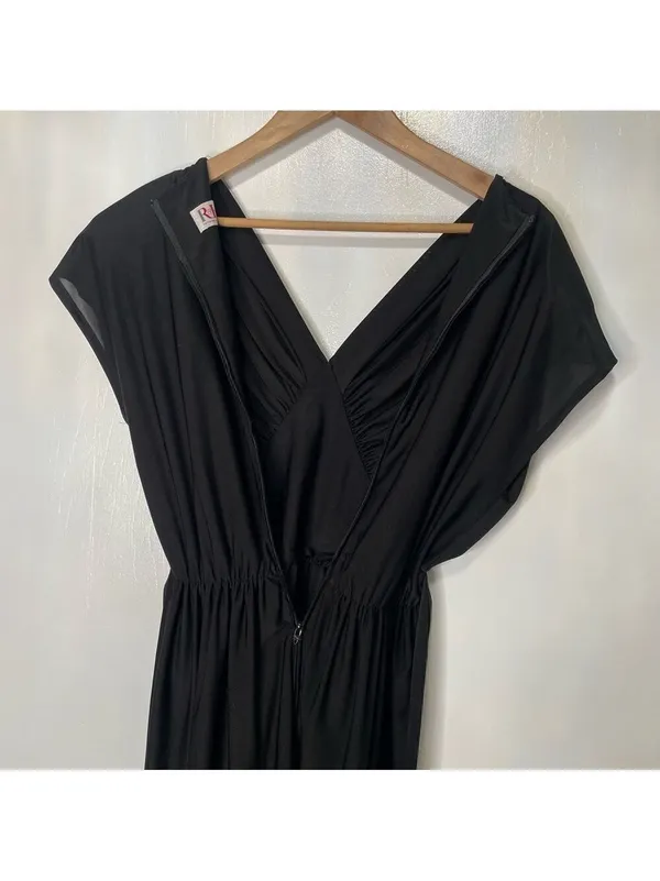 Vintage 70s Midi Dress Ruched Bodice Black Womens M - Image 11
