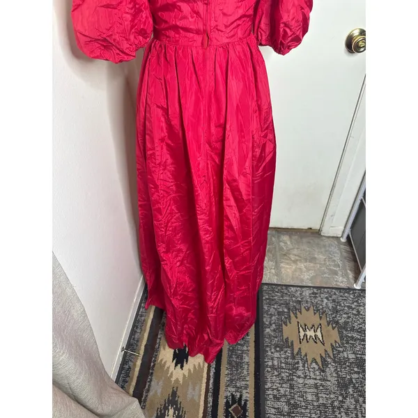 VTG 80s Romantic Red Taffeta Party Dress Puff Sleeve Square Neck Maxi Prom Gown - Image 5