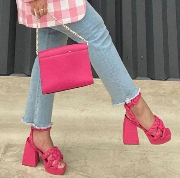 Circus by Sam Edelman Chunky Hot Pink Rope Heels Thick Platform Heel Barbie heels birthday chunky heels Valentine’s Day shabby chic - Image 3