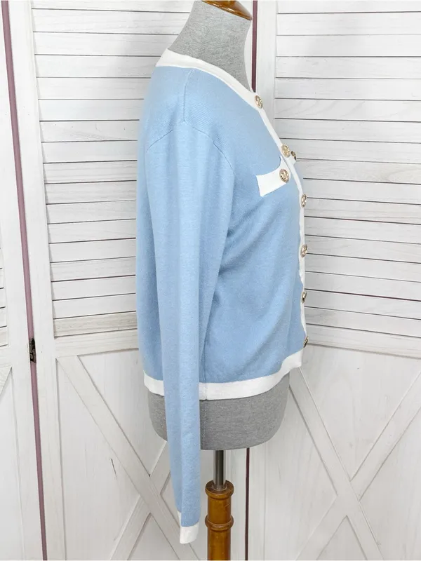 Emerson Lang Cardigan Sweater Button Front Contrast Trim Blue White Medium - Image 3