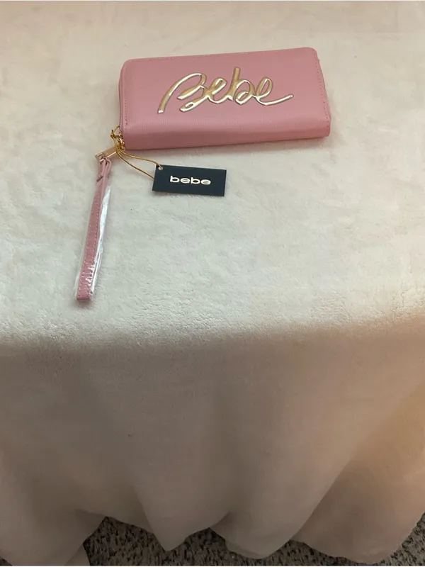 bebe Pink Zip-Around Wallet Wristlet with Gold Logo - Image 2