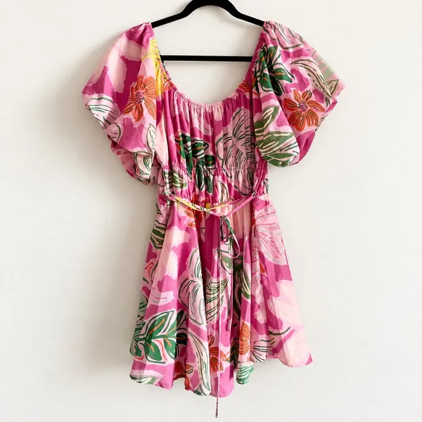 NWT Midnight Doll Pink Tropical Floral Mini Dress Large L Puff Sleeve Smocked Waist - Image 2