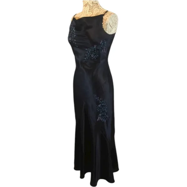 Y2K Alex Evenings navy beaded slip cowl neck floral satin formal Gown small - Image 8