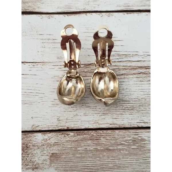 Vintage Clip On Earrings - Gold Tone with Inlayed Clear Gems 7/8" - Image 4
