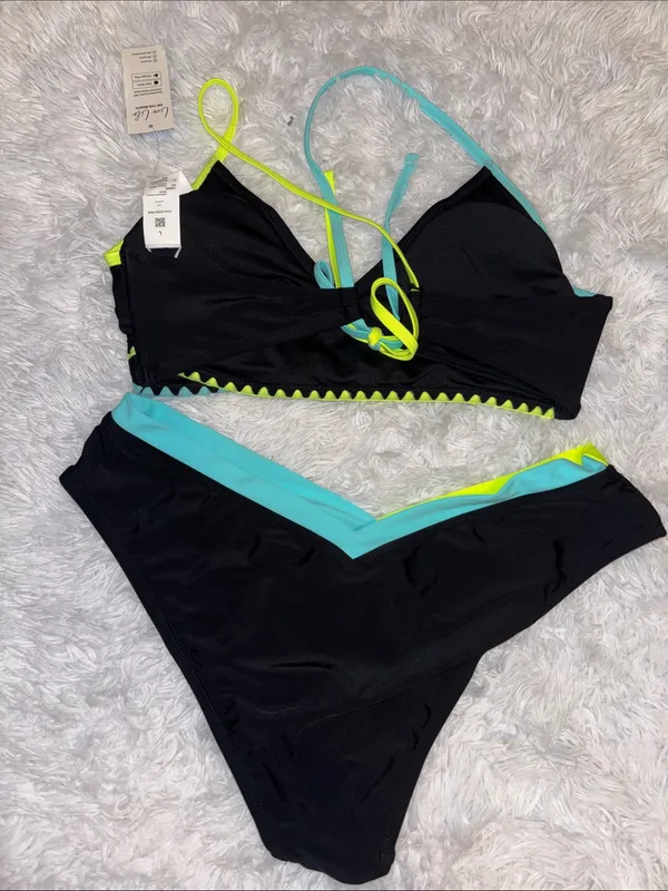 Cupshe Black Bikini with Neon Yellow and Aqua Trim - Image 6