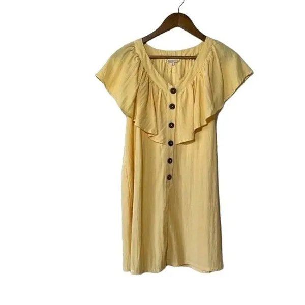 Main Strip Yellow Ruffle Mini Dress V Neck Button Front Women’s Medium - Image 2