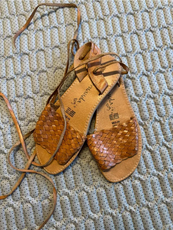 Women's Tan Woven Leather Lace-Up Sandals - Image 5