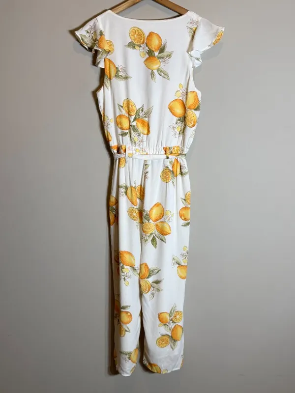 For Love & Lemons Limonada Tie-Front Jumpsuit Women's Medium White Lemon Print - Image 13