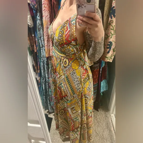 Geo Ethnic Print Silk Maxi Dress - Image 3