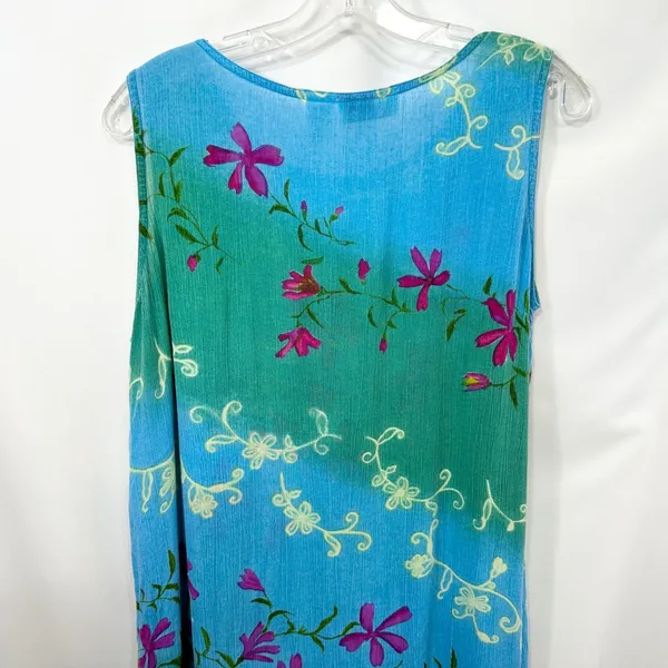 VTG La Cera Medium Midi Dress Blue Green Floral Sleeveless Beach Vacation 1018‎ - Image 8