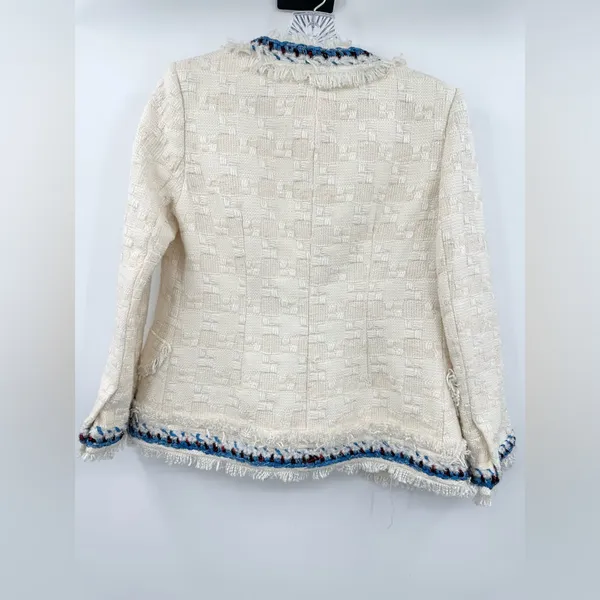Magyann Cream Boucle Fringe‎ Trim Jacket Blazer Blue Trim Size XS Women's - Image 3