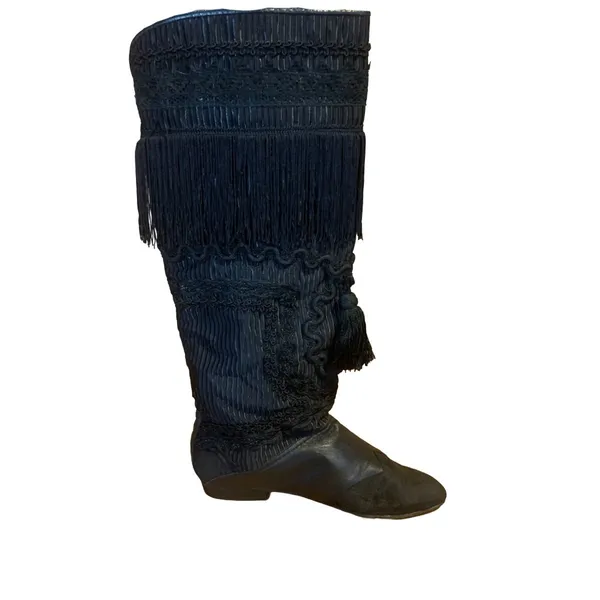 Vintage 1980'S Black Leather Fringe & Ricrac Knee High Boots (36.5) - Image 11