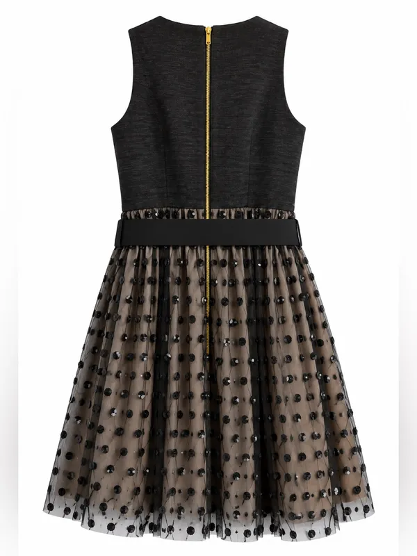 Eliza J Cocktail Dress Womens 6 Black Tan Excellent Sequin Polka Dot Belted - Image 6