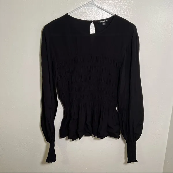 Whistles‎ Women's Size 10 Black Rosanna Shirred Top Long Sleeve Crewneck Keyhole - Image 6