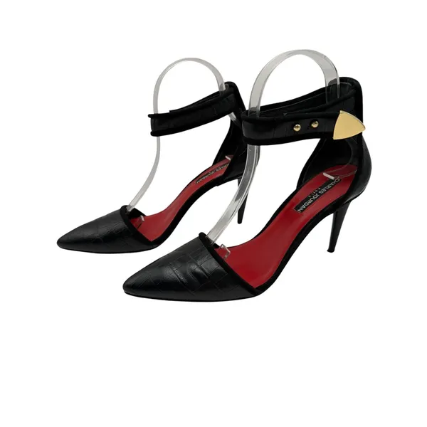 Charles Jourdan Shoes Women‎ 7.5 Black Croc Emboss Pointed Toe Ankle Strap Heel - Image 2