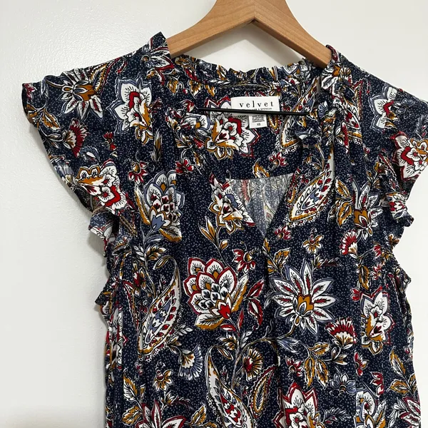 Velvet x Graham & Spencer | Navy Paisley Floral Ruffle Sleeve Mini Dress, XS - Image 4