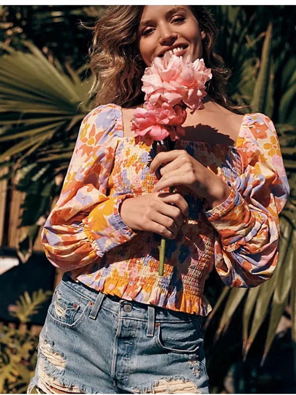 Free People 100% Cotton Floral Smocked Puff-Sleeve Top in Lavender & Orange - Image 3