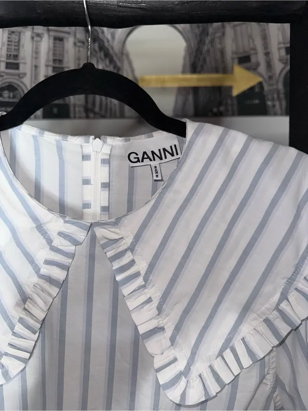 Ganni Blue White Stripe Balloon Sleeve Mini Dress Peter Pan Collar EU 38 US 6 - Image 7