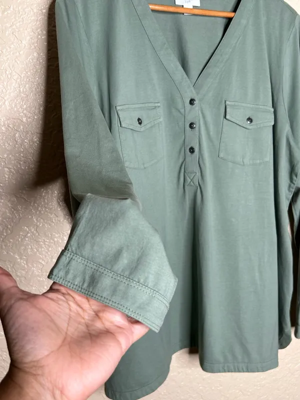 🩷 J. Jill Women Henley Top Large Green Long Sleeve V-Neck Utility Pockets Cotton - Image 7