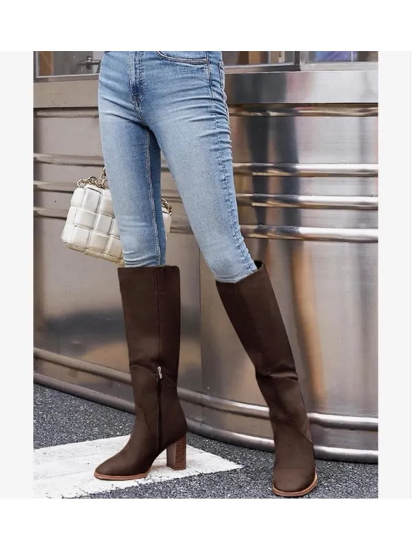 NEW Knee High Square Toe Chunky Block Heel Side Zipper Vegan Suede Boots 10 - Image 3